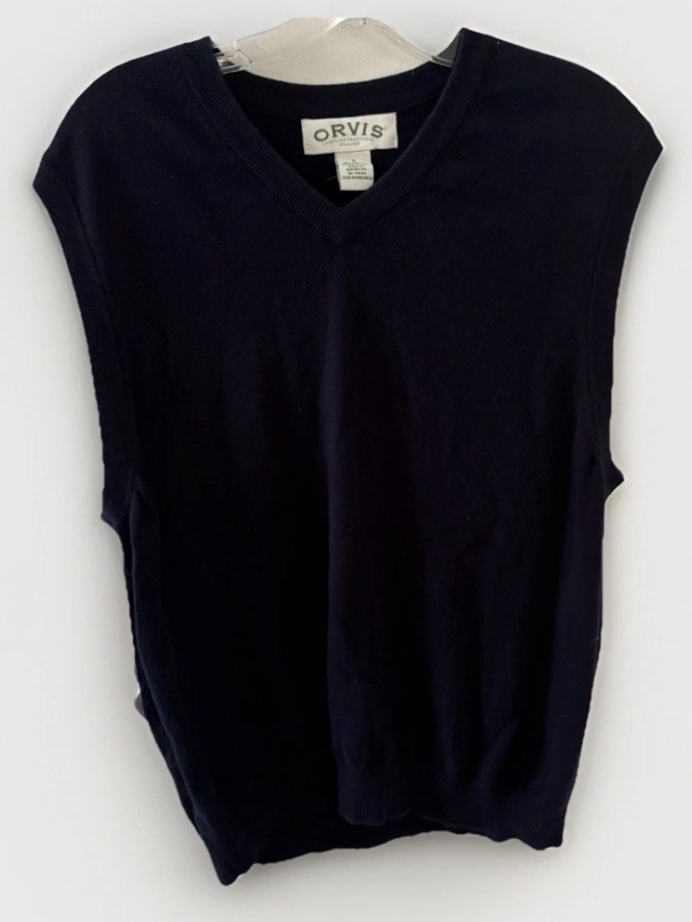 Orvis Navy Cotton Cashmere Sweater Vest Size L V-Neck Sleeveless Classic